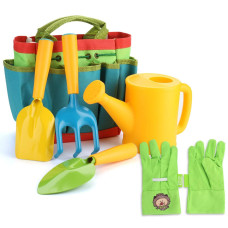 Fitnate Green Kids Garden Tools Set6 Pcs Garden Tools Including Watering Can Shovel Rake Fork Children Gardening Gloves And