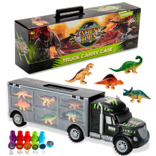 Oumoda Dinosaur Truck Dinosaurs Transport Car Carrier Truck Toy With 6 Dinosaurs Toys Inside And 10 Dinosaur Stamps Gifts For