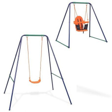 Vidaxl 2-In-1 Single And Toddler Swing Set - Outdoor Sturdy Swing Frame With Secure Harness - Blue, Green, And Orange - Durable Plastic Seats - Includes Ground Pins And Installation Accessories