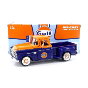 Motormax 1955 Chevrolet 5100 Stepside Pickup Truck Gulf Dark Blue And Orange 124