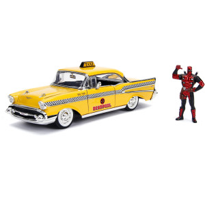 Jada 1957 Chevrolet Bel Air Taxi Yellow With Deadpool Diecast Figure Marvel Series 124 Diecast Model Car 30290 Multicolor