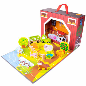 Takealong Barnyard Toy Foldable Barn Box With Farm Animals For Kids Wooden Fences Crops Hay Horse Cow Sheep Pig Roos