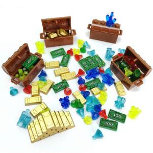 Zhx Treasure Accessories Jewel Chest Gems Diamonds Bullion Gold Bar Crystals 100 Dollar Bill Cash Toy Pirate Building Block