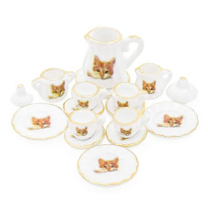 Odoria 112 Miniature Porcelain Tea Set 15Pcs Dollhouse Decoration Accessories Cat