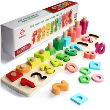 Sendida Montessori Math Shapes Puzzle Toys Toddlers Stacking Wood Blocks Number Toys Stacking Shape Sorting Toys Early Learnin