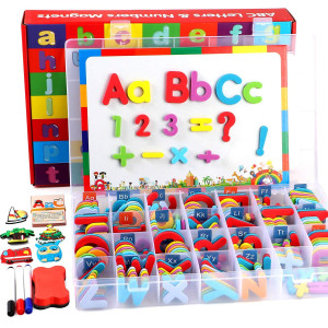 253 Pcs Magnetic Letters And Numbers Kit With Doublesided Magnetic Board And Storage Box Foam Alphabet Abc Refrigerator Magnets