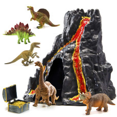 Prextex Lava Painted Volcano House With Hidden Door And 5 Dinosaur Figures With Treasure Box Dinosaur Toys For Kids