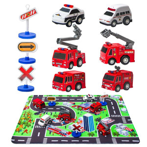 Fire Truck Toys With Play Mat 6 Fire Engines 3 Road Signs 14 X 18 Fire Rescue Playmat Mini Pull Back Car Toys For 2 3 4 5