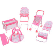 Kookamunga Kids 6 Pc Baby Doll Stroller Set - Baby Doll Accessories - Baby Doll Playset W/Doll Crib Stroller High Chair & Feeding Tray - Playpen - Bouncer - Diaper Bag - 3+ (Pink)