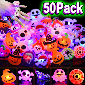 50 Pcs Halloween Led Glow Ring Light Up Toys Glow In The Dark Birthday Halloween Party Favors Decorations Supplies For Kid Adul