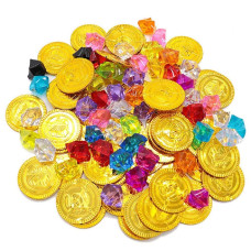 100Pcs Plastic Pirate Gold Coins Colored Gems Pirate Treasure Hunt Playset Toys For Kids Party Theme Props Decoration Party Favo