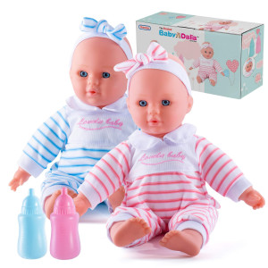 Prextex Baby Twin Dolls Set 12Inch Boy And Girl Soft Twin Baby Dolls Set With Pink And Blue Toy Bottle Best Gift For Toddle