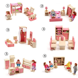 Huayao 6 Set Wood Family Dollhouse Furniture Set With 4 People Wooden Family Dolls Bedroomliving Roomkid Roombathroomkitche