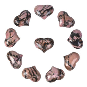 Justinstones Natural Matrix Rhodonite Gemstone Healing Crystal 1 Inch Mini Puffy Heart Pocket Stone Iron Gift Box Pack Of 10