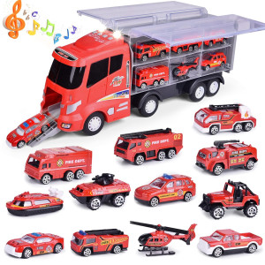 Fun Little Toys 12 In 1 Diecast Fire Truck Toys Car Carrier Truck With Fire Engine Cars 16 Transport Fire Truck Firetruck For