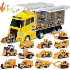 12 In 1 Construction Truck Toys Set For Toddlers, Carrier Truck With 12 Mini Cars For Kids,Transport Trucks Toy With Light And Sound,Christmas Birthday Cars Toy Gift For Boys Age 3-7