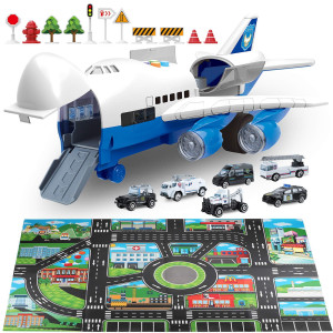 Car Toys Set With Transport Cargo Airplane And Large Play Mat Mini Educational Vehicle Police Car Set For Kids Toddlers Boys Ch