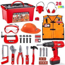 Joyin 26Pcs Kid Tool Set, Pretend Play Toddler Tool Toy With Construction Worker Costume & Electronic Toy Drill In Storage Box For Boy Girl Halloween Present Birthday Dress Up Party