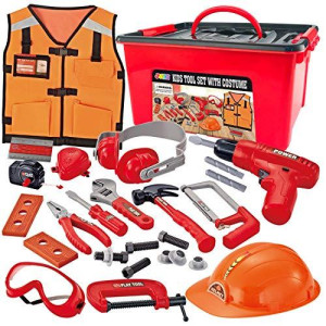 JOYIN 24 Pcs Construction Tool Accessories Playset Construction Pretend Play Toy Kit Including Construction Worker Costume and Electric Drill Toy in Storage Box
