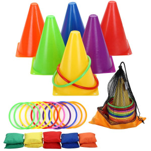 Win Sports 3 In 1 Carnival Outdoor Combo Games Set Soft Plastic Cones Cornhole Bean Bags Ring Toss Game Kids Birthday Party Outd