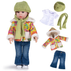 Rakki Dolli Doll Clothes Set 5Pc Fashion Mustard Winter Coat Set Includes Warm Coat Shirt Jeans Yellow Knit Hat Knit Scarf