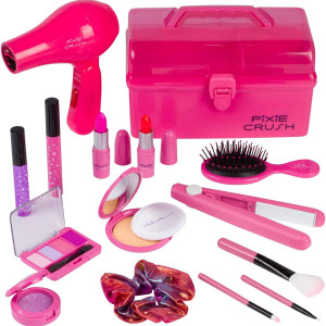 Pixiecrush Kids Makeup Kit For Girls With Pretend Hair Dryer And Flat Iron Play Hair Styling Kit For Kids Little Girls Ages