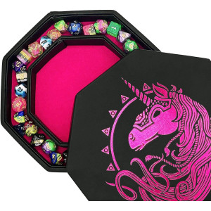 Fantasydice Pink War Unicorn Dice Tray 8 Octagon With Lid And Dice Staging Area Holds 5 Sets7 Dice Setstandard For Al