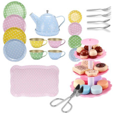 Kids Play Tea Set Fuqun 36Pcs Tea Party Set For Little Girls Tin Tea Set For Little Girls Princess Tea Time Toy Including Des