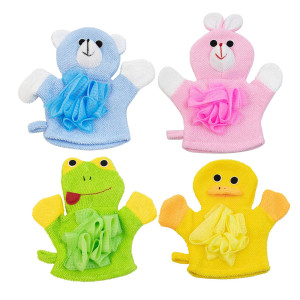 Auear 4 Pcs Cartoon Terry Cloth Bath Sponge Mitts Puppet Cute Hand Puppets Washcloth Mitt Bath Glove