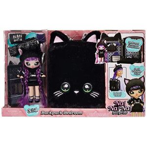 Na Na Na Surprise 3In1 Backpack Bedroom Playset With Fashion Doll Tuesday Meow In Exclusive Outfit Black Fuzzy Kitty Bag