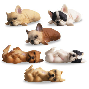 Toymany 6Pcs Realistic French Bulldog Figurines Small Solid Lying And Sleepy Dog Figures Toy Set Christmas Birthday Gift Party