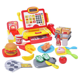 Fs Pretend Play Cash Register Toy With True Barcode Scanner Calculator Microphone Play Food Supermarket Cashier Great Pre