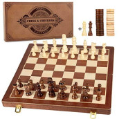 AMEROUS 15 Inches Magnetic Wooden Chess & Checkers Set (2 in 1) - Folding Board -Gift Box Packed -24 Cherkers Pieces -2 Extra Queens - Chessmen Storage Slots, Beginner Chess Set for Kids and Adults