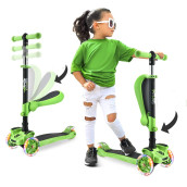 Hurtle Kids Scooter - Child Toddler Kick Scooter Toy With Foldable Seat - 3 Wheel Scooter With Adjustable Height, Anti-Slip Deck, Flashing Wheel Lights, For Boys/Girls 1-12 Year Old, Green