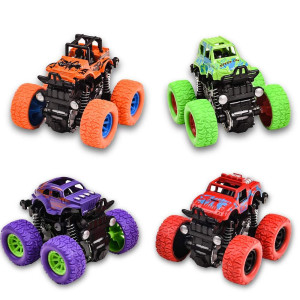 Monster Trucks Toy Car For Boys 4 Pack Pull Back Vehicles Cars 360 Degree Rotation 4 Wheels Drive Durable Friction Powered Pus