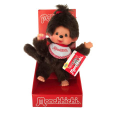 Sekiguchi 255184 Original Monchhichi Girl Plush Toy With Whitered Bib And Red Bow In Hair Approx 20 Cm Large Cuddly Toy Made