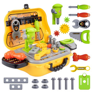 Unih Kids Tool Sets For Boys Age 24 Childs Carpenter Preschool Fixing Tool Kit With Yellow Box Toys For 2 Year Old