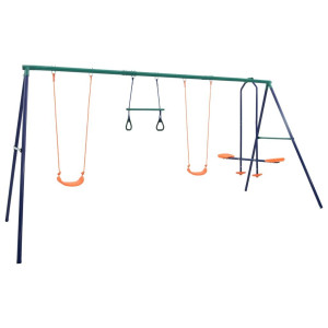 Vidaxl Kids' Swing Set With 2 Swing Seats, 2 Gymnastic Rings And See Saw, Steel And Plastic, Suitable For 5 Children, Ages 3-10 Years