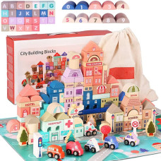 Umbresen 115 Pcs Wooden City Building Blocks Set Colorful Stacking Preschool Educational Toys For Toddlers Boys Girls Gifts Wit