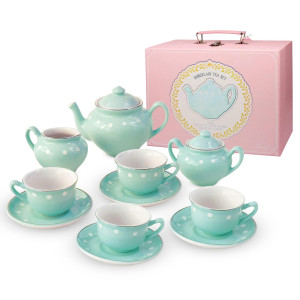 Bright Stripes 13 Piece Porcelain Tea Set For Little Kids Kids Pretend Play Toys With Carry Case For Tea Party Fun Perfect For