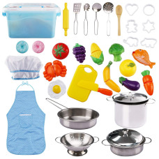 37 Pieces Set Kitchen Pretend Play Toys Cooking Baking With Stainless Steel Cookware Pots Pans Set Cooking Utensils Cookie