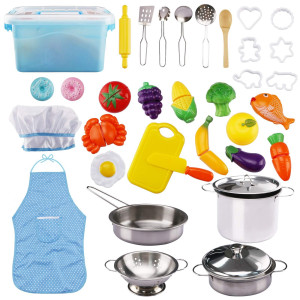 37 Pieces Set Kitchen Pretend Play Toys Cooking Baking With Stainless Steel Cookware Pots Pans Set Cooking Utensils Cookie