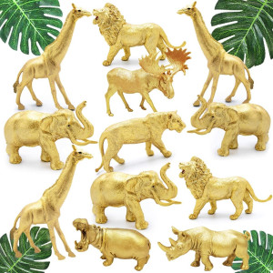 Metallic Gold Safari Animals Figurines Toys 12Pcs Jungle Animal Figures Wild Plastic Animals With Giraffe Lion Elephant For Ba