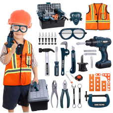 Ibasetoy Kids Tool Set 45 Pcs Pretend Play Tool Toys For Toddler Kids Electric Drill Tool Toys Kit With Working Overalls Con