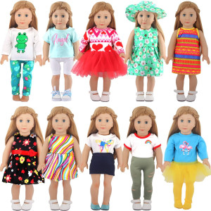 Msyo 16 Pcs 18 Inch Doll Clothes And Accessories, 10 Complete Sets Of Doll Outfits, Fashionable Dresses, Frog Pajamas, Doll Pants And Tights, Mini Skirt, Doll Costumes With Hat For Cute Doll Girls