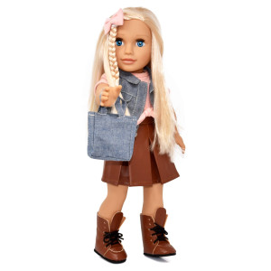 18 Inch Girl Doll Fashion Doll With Fine Blonde Long Hair For Styling Blue Eyes Leather Skirt And Boots Denim Jacket Hair Bo