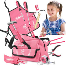 Hispec 18Pc Pink Kids Tool Kit Set Child Size Tool Bag Real Metal Hand Tools For Diy Building Woodwork Construction