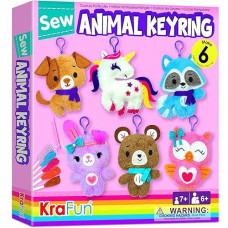 Krafun Unicorn Sewing Keyring Kit For Kids Age 7 8 9 10 11 12 Learn Art & Craft, Includes 6 Stuffed Animal Bear, Dog, Rabbit, Raccoon, Owl Dolls, Instruction & Felt Materials
