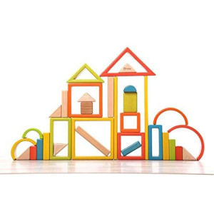 Moderngenic Wonderland Wooden Geometrical Building Blocks 32 Piece Large Geometrical Rainbow Stacker Stacking Nesting Cons