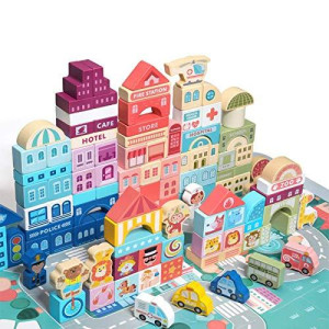 Moderngenic 181Pcs Streetscape Wooden Building Block Set For Toddlers Jigsaw Puzzle City Map 11 Buildings 3 Extra Bonus Ci